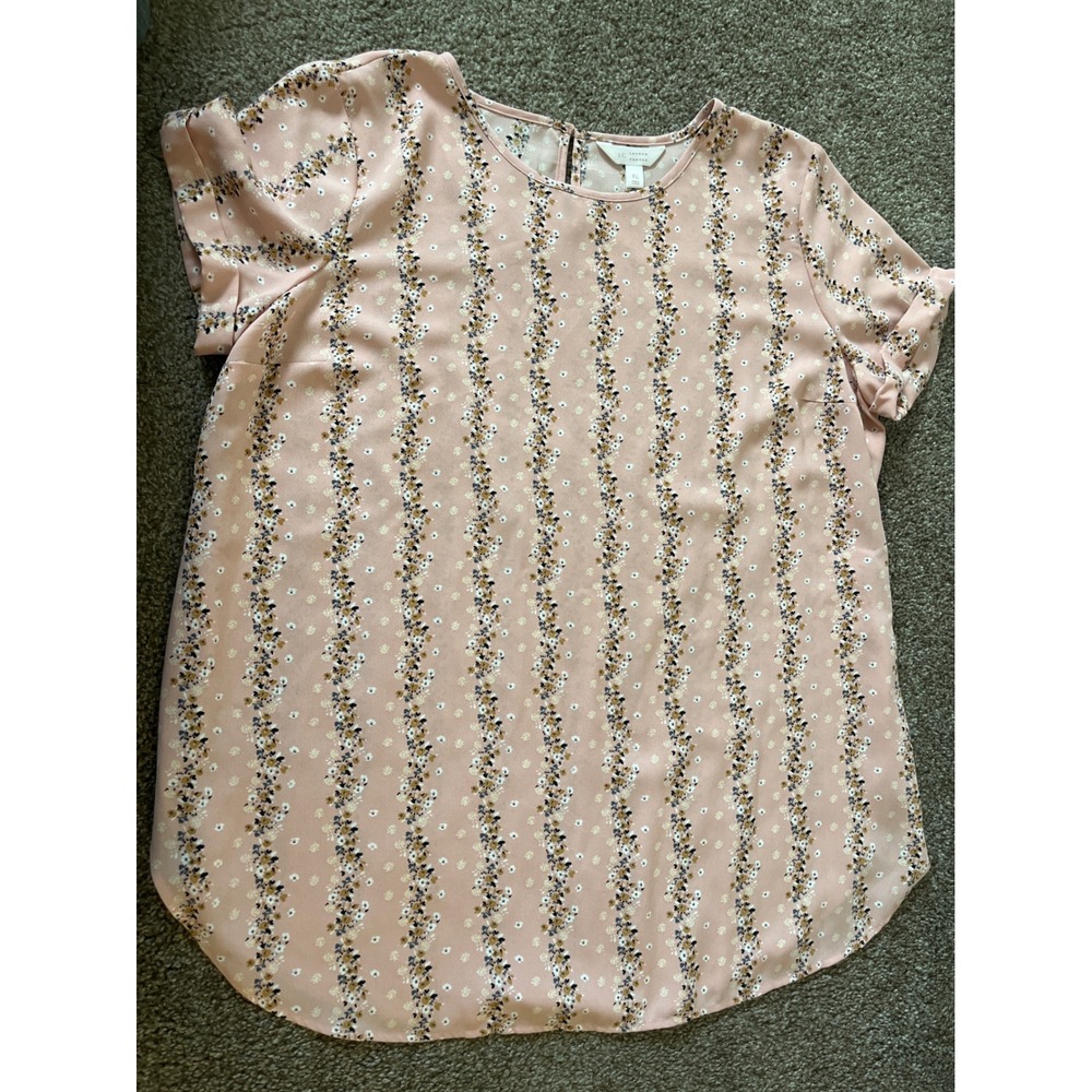 Lauren Conrad Womens XL Pink Floral Print Short Sleeve Keyhole Back Blouse Top